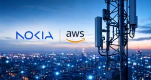 Logo Nokia et AWS devant une antenne télécom connectée dans un environnement urbain.