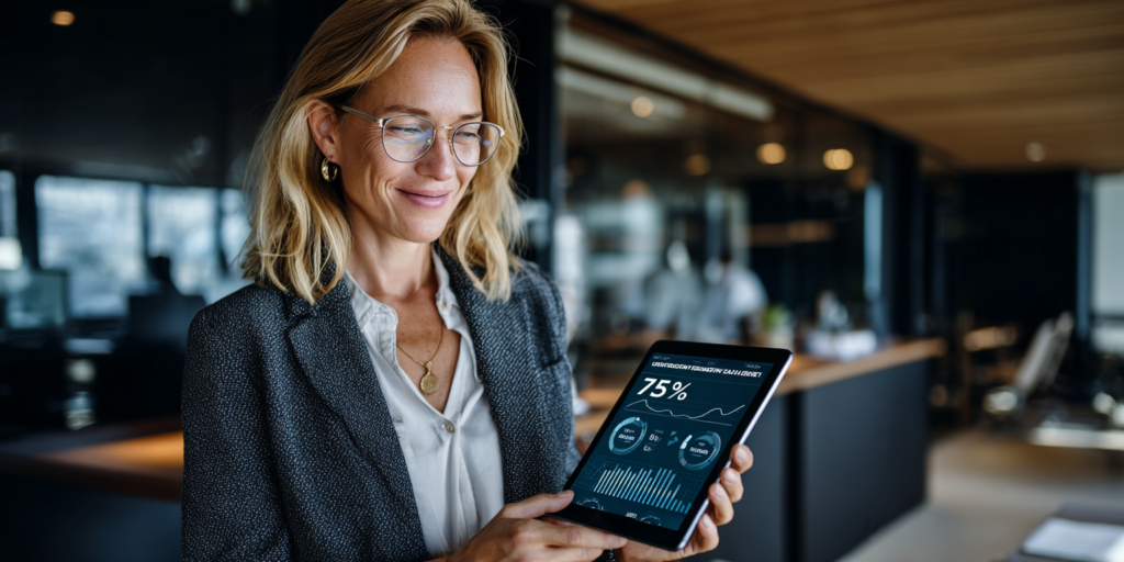 Directrice marketing souriante analysant le taux de résolution de 75 % de l'agent IA HubSpot sur sa tablette.