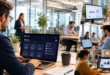 Des employés de bureau utilisent Codex dans un open space moderne pour l’analyse, la création et la productivité professionnelle.