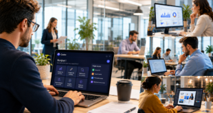 Des employés de bureau utilisent Codex dans un open space moderne pour l’analyse, la création et la productivité professionnelle.