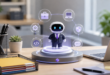un agent IA en costume sur une plateforme Patronus AI, entouré d'outils numériques dans un bureau professionnel.
