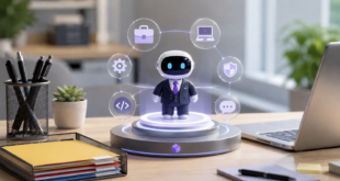 un agent IA en costume sur une plateforme Patronus AI, entouré d'outils numériques dans un bureau professionnel.