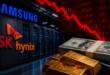 Logos Samsung et SK Hynix devant un centre de données, avec un graphique boursier en baisse, des billets de dollars et des lingots d'or.