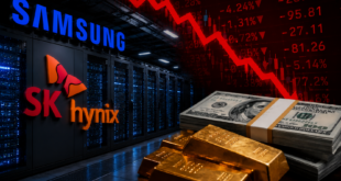 Logos Samsung et SK Hynix devant un centre de données, avec un graphique boursier en baisse, des billets de dollars et des lingots d'or.