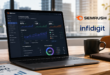 Tableau de bord de visibilité IA affiché sur un ordinateur portable dans un bureau moderne, avec les logos Semrush et Infidigit