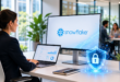 Professionnelle travaillant sur Snowflake dans un bureau moderne avec un bouclier numérique illustrant la sécurité de l’IA en entreprise.