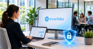 Professionnelle travaillant sur Snowflake dans un bureau moderne avec un bouclier numérique illustrant la sécurité de l’IA en entreprise.