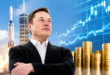 Elon Musk devant une fusée SpaceX au décollage, avec un graphique boursier en hausse et des piles de pièces d’or symbolisant le succès de l’introduction en Bourse.