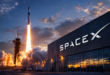 Fusée SpaceX devant un hangar industriel au coucher du soleil, symbole de la future IPO géante du groupe.
