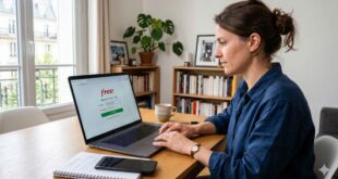 Une femme est assise à une table en bois et regarde un ordinateur portable ouvert affichant une page de connexion Free.