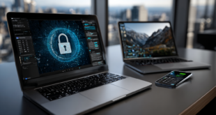 Macbook et iPhone, l'écran du macbook affiche une icône de verouillage pour illustrer la protection du mot de passe