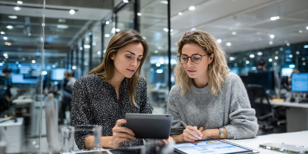 Deux consultantes en strategie digitale analysant des prompts de recherche IA dans un bureau moderne