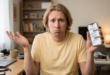 homme confus, smartphne à la main affichant discussion avec IA