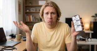 homme confus, smartphne à la main affichant discussion avec IA