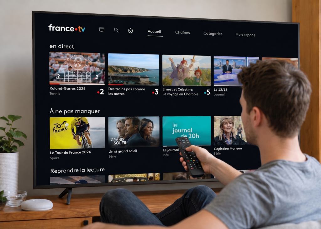 image avec une personne qui regarde France TV sur Android TV