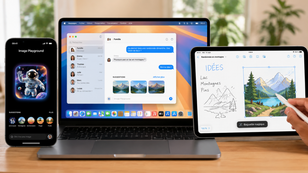 Imagen que ilustra la herramienta Apple Image Playground en diferentes dispositivos Apple
