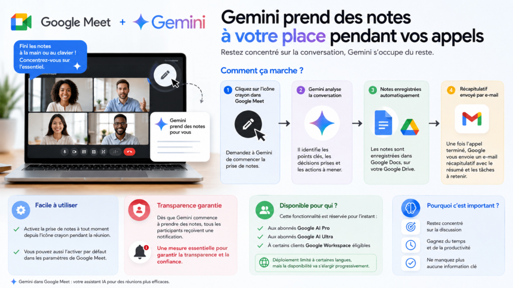 Infographie sur Gemini qui prend note dans Google Meet