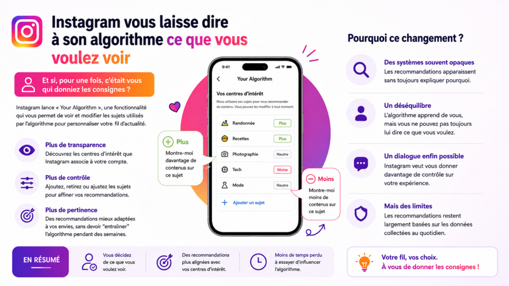 Infographie montrant comment Instagram vous permet désormais de reprendre la main sur son algorithme