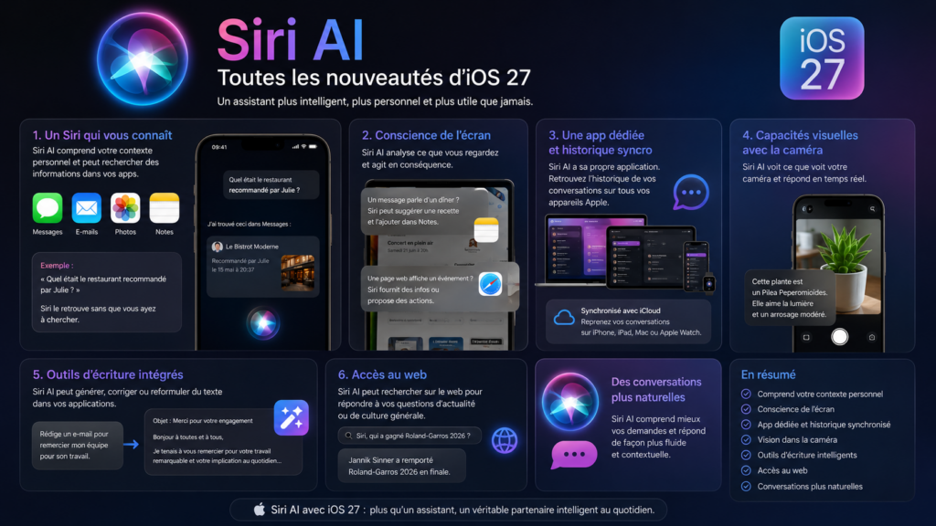 Infographie montrant les nouveautés de Siri AI