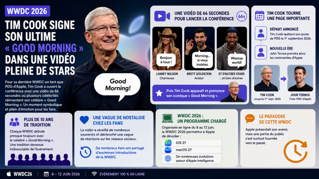 Une infographie montrant la vidéo du Goog Morning de Tim Cook