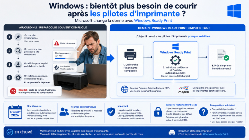 infographie montrant comment Windows veut mettre fin à la galère des pilotes d’imprimante