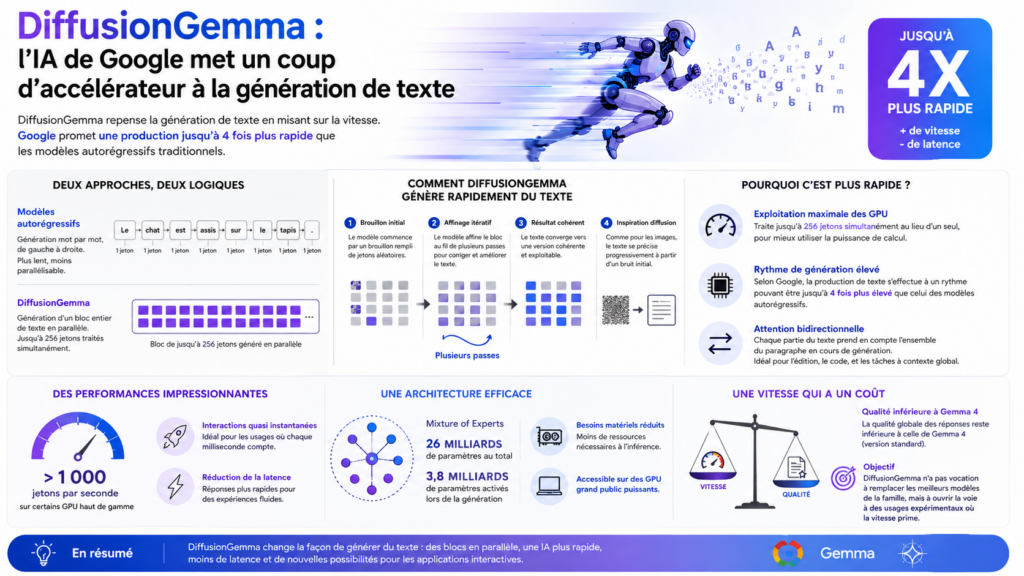 Infographie montrant le fonctionnement de DiffusionGemma, une IA capable de générer du texte jusqu’à 4 fois plus vite