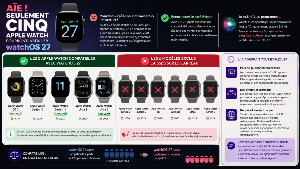 infographie sur les Apple Watch compatibles avec watchOS 27.