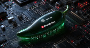 Puce IA en forme de piment Jalapeño avec les logos OpenAI et Broadcom sur une carte électronique.