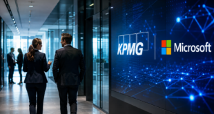 Deux professionnels échangent dans un bureau moderne devant un écran affichant les logos de KPMG et Microsoft, symbolisant leur partenariat autour de l’IA d’entreprise.