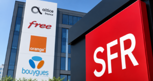 Illustration du rachat de SFR par Orange, Free et Bouygues Telecom, avec les logos des opérateurs et d’Altice France sur un immeuble moderne.