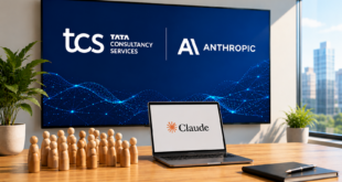 Un écran affichant les logos de TCS et Anthropic, un ordinateur portable montrant Claude, entouré de figurines représentant les employés dans un bureau moderne et lumineux