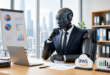 Un robot agent IA en costume analyse des données dans un bureau, avec les logos AWS et Aily Labs.