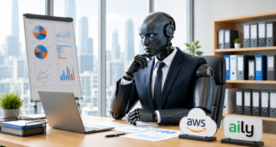 Un robot agent IA en costume analyse des données dans un bureau, avec les logos AWS et Aily Labs.