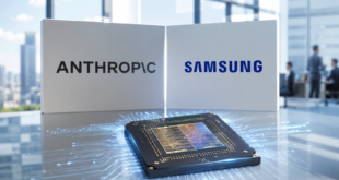 Puce IA sur mesure devant les logos Anthropic et Samsung.
