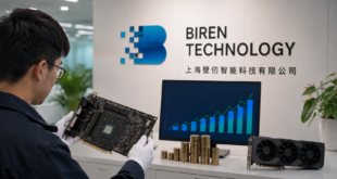 Employé de Biren examinant un GPU devant un graphique financier et des piles de pièces.