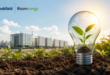 Ampoule avec une plante symbolisant l'énergie pour l'IA, aux côtés des logos de Brookfield et Bloom Energy devant des installations énergétiques.