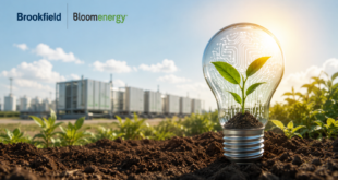 Ampoule avec une plante symbolisant l'énergie pour l'IA, aux côtés des logos de Brookfield et Bloom Energy devant des installations énergétiques.