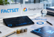 Logos FactSet et Google Cloud sur un bureau avec graphiques financiers, tablette et éléments liés à l'IA.