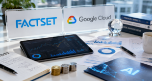 Logos FactSet et Google Cloud sur un bureau avec graphiques financiers, tablette et éléments liés à l'IA.