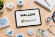 les logos Haleon et Microsoft entourés d'objets symbolisant l'IA, la santé, la sécurité et la transformation numérique.