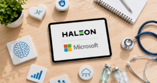 les logos Haleon et Microsoft entourés d'objets symbolisant l'IA, la santé, la sécurité et la transformation numérique.