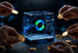 Logo Kling AI dans une vitrine transparente avec des particules d'IA et un caméscope. Le tout entourée d’investisseurs avec des pièces d’or.