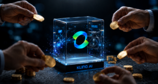 Logo Kling AI dans une vitrine transparente avec des particules d'IA et un caméscope. Le tout entourée d’investisseurs avec des pièces d’or.