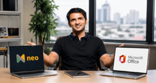Bhavin Turakhia présentant Neo face à Microsoft Office dans un environnement de travail moderne