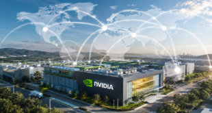 Usine d’IA NVIDIA reliée à un réseau mondial illustrant des partenariats internationaux pour le déploiement d’infrastructures d’intelligence artificielle.