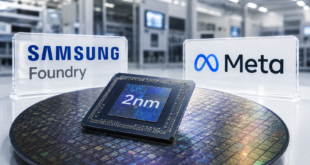 Puce 2 nm de Samsung Foundry aux côtés du logo Meta dans une usine de semi-conducteurs.