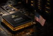 Mémoire HBM de SK Hynix aux côtés d’un drapeau américain.