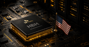 Mémoire HBM de SK Hynix aux côtés d’un drapeau américain.