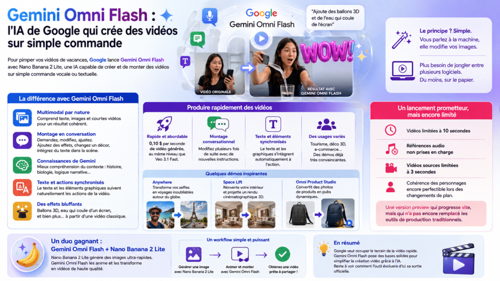 infographie montrant les capacités de Gemini Omni Flash